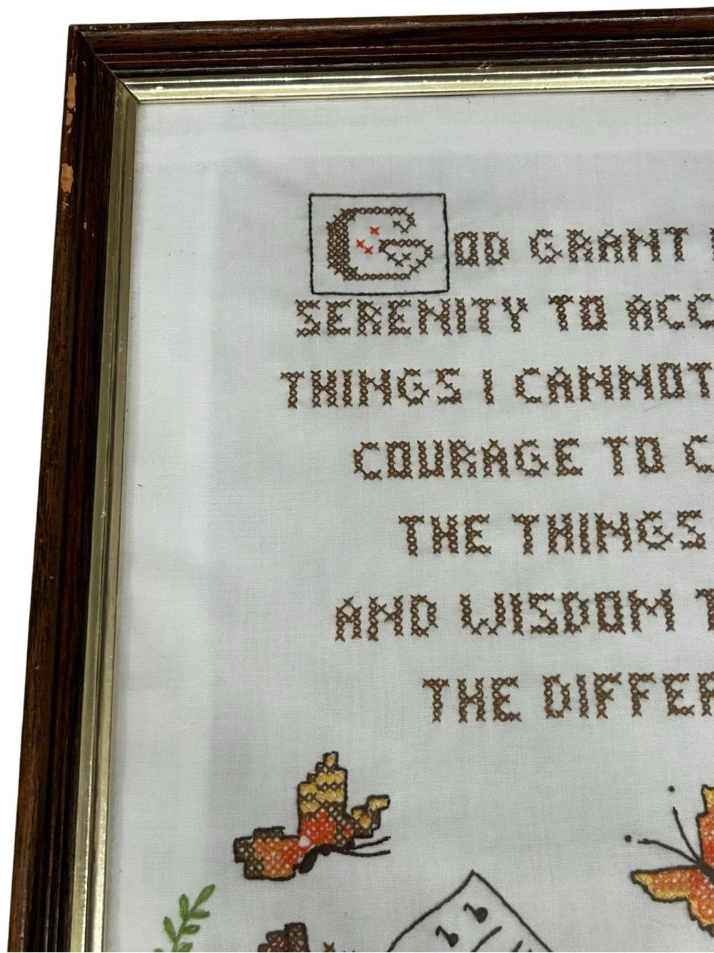 Vintage Framed Cross Stitch Serenity Prayer Wall Art, Folk Art